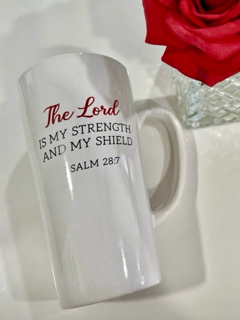 Inspirational Coffee Mug – White Ceramic Latte Cup – Psalm 28:7 - Picture 1 of 9